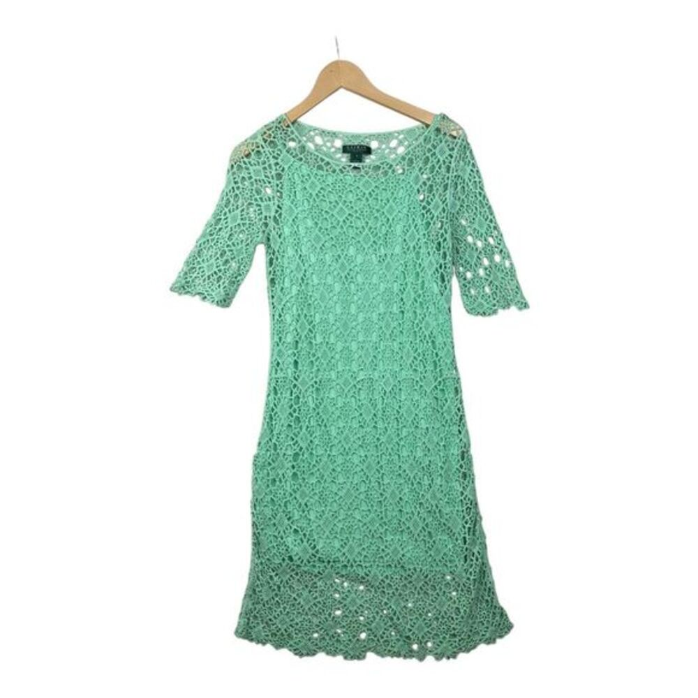 Lauren Ralph Lauren Crochet Lace Cotton Slip Midi Dress Half Sleeve size Small